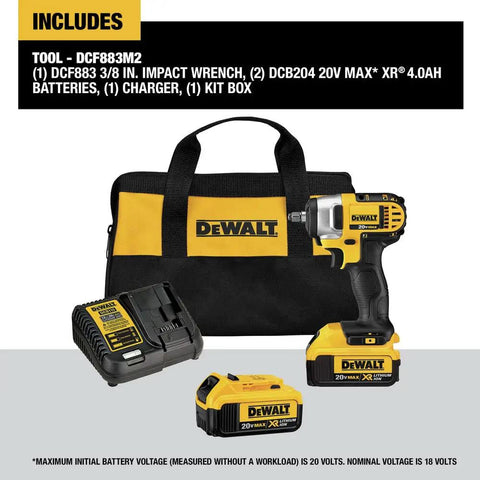 Badass Compact 20V Max Cordless Impact Wrench Kit With 3/8 Inch Drive, battery pack, charger, and storage bag included.