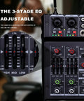 Lit 4 Channel Karaoke Mixer With Dual UHF Wireless Mics Up To 329 Feet, Bluetooth Ready showing 3-band EQ and input panel