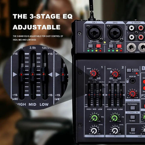 Lit 4 Channel Karaoke Mixer With Dual UHF Wireless Mics Up To 329 Feet, Bluetooth Ready showing 3-band EQ and input panel