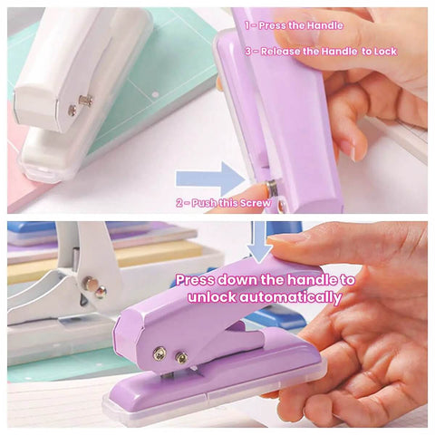 Rugged Heavy Duty Single Hole Punch for papers and crafts shown in hand, purple color, 40 sheets capacity, built to last metal construction.
