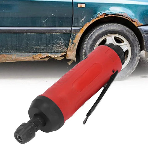 Smooth Operator 18000Rpm Air Die Grinder Pneumatic Grinding Machine With Muffler And Rock Solid Zinc Alloy Body featuring ergonomic red grip beside a car's rusty side.