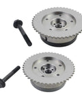 Front view of a pair metal timing sprockets with bolts for camshaft timing gear replacement