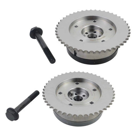 Front view of a pair metal timing sprockets with bolts for camshaft timing gear replacement