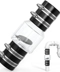 Angled view of 1-1/2 in silent check valve with clear body, spring-loaded flapper, Buna-N couplings and stainless clamps