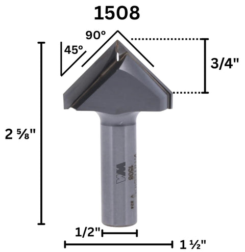 V Groove Router Bit 90 Degree Included Angle Carbide Tipped For Engraving Lettering Sign Making And Decorative Edges One And A Half Inch Cutting Diameter Three Quarters Inch Point Length One Half Inch Shank Two And Five Eighths Inch Overall Length with dimensions