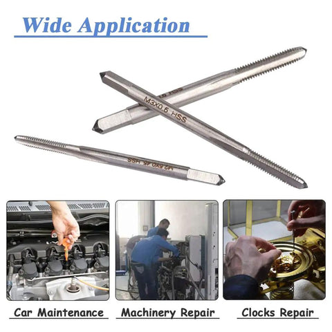Top Shelf 10 Piece Mini Hand Tap Set With Dang Durable High Speed Steel Micro Bits used for car maintenance and machinery repair.