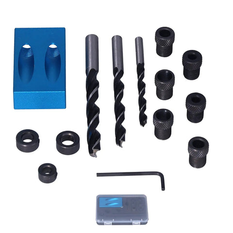 Straight Up Game Changer 15 Degree Oblique Hole Drilling Jig Kit with drill bits and hardware for woodworking use.