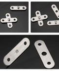 Close-up of Eight Pack 360 Degree Hidden Door Pivot Hinges in stainless steel showing multiple angles and parts on a dark background.