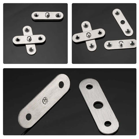 Close-up of Eight Pack 360 Degree Hidden Door Pivot Hinges in stainless steel showing multiple angles and parts on a dark background.