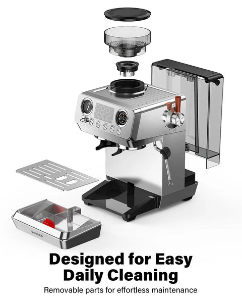 Badass 20 Bar Espresso Machine With Built In Anti Static Grinder And 45 Precision Grind Settings silver brewer with removable parts for easy cleaning.