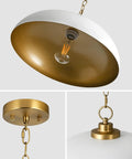 Close-up of Top Shelf Matte White Farmhouse Pendant Light With Burnished Brass Accents, showing adjustable chain and bulb.