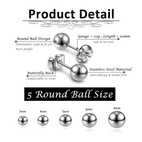 Silver Stainless Steel Ball Stud Earrings Set For Women And Men Hypoallergenic 10 Pcs 3mm To 8mm Round Ball Stud Earrings Classic Minimalist Jewelry For Everyday Wear. Product detail image showing 3mm to 8mm stainless steel ball studs