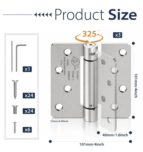 Heavy Duty 4 Inch Self Closing Door Hinges 3 Pack with spring action, 325° adjustable tension, includes screws and hex key