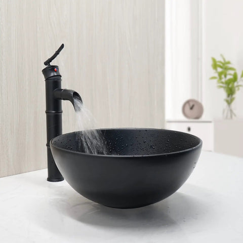 Matte Black Ceramic Vessel Sink With Deck Mounted Waterfall Faucet, Round Wash Basin, Bamboo Style Brass Mixer Tap For Modern Home Bath