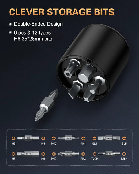 Clever Storage Bits with double-ended design, 6 pcs & 12 types, ideal for Top Rated 2 In 1 Cordless Electric Screwdriver With Rechargeable Battery And Manual Twist Option For Home Diy Fixes Picture Hanging And Multi Tasking Projects 300Rpm Workhorse.