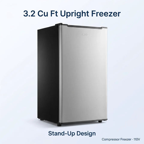 Spare Your Square Footage 3.2 Cubic Foot Upright Freezer In Classic Silver, compact design with wide swing door, ideal for small kitchens.