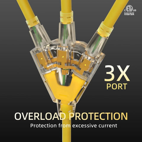 Heavy Duty 12 Gauge Outdoor Extension Cord With Three Outlets And Lighted End Waterproof ETL Listed 3X Port Close-up