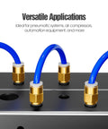HANGLIFE PC4-M6 Bowden PTFE tube connectors, brass push-to-connect fittings with blue tubing, installed on metal panel (3 shown)