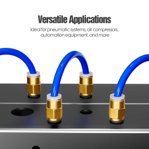 HANGLIFE PC4-M6 Bowden PTFE tube connectors, brass push-to-connect fittings with blue tubing, installed on metal panel (3 shown)