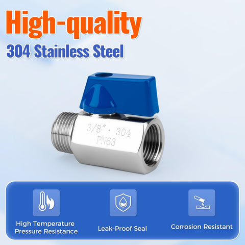 Two Pack 3/8 Inch Mini Ball Valve 304 Stainless Steel Water Flow Control Male To Female NPT Threaded Shut Off Drain Valve