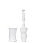 Heavy Duty Toilet Plunger Kit With Smart Air Relief Valve And Spacious Tall Bucket Caddy in white, featuring bellows plunger design and caddy.