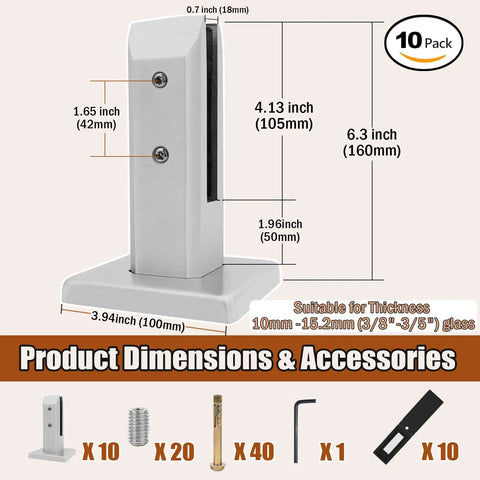 Rock Solid Heavy Duty 304 Stainless Steel Glass Spigots With Square Railing Clamps For Outdoor Deck And Balcony 160Mm Silver Pack Of 10 dimensions infographic
