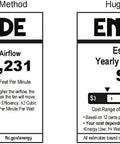 EnergyGuide labels showing yearly energy cost and airflow for 52 Inch Indoor Ceiling Fan With Light And Remote Control Reversible Walnut And Maple Blades Dope Copper Motor 110V ETL Listed Downrod 6 Inch Included Ideal For Living Room Dining Room Bedroom Basement And Kitchen with standard and hugger mounting methods.