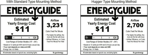 EnergyGuide labels showing yearly energy cost and airflow for 52 Inch Indoor Ceiling Fan With Light And Remote Control Reversible Walnut And Maple Blades Dope Copper Motor 110V ETL Listed Downrod 6 Inch Included Ideal For Living Room Dining Room Bedroom Basement And Kitchen with standard and hugger mounting methods.