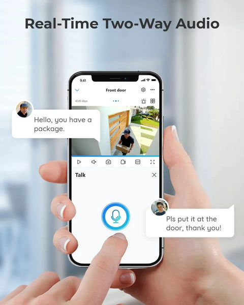 Person using app on phone for 1080p Outdoor Security Camera System 2 Pack With WiFi Plug In Color Night Vision And Built In Spotlight 2 Way Talk Motion Detection Local MicroSD Storage Easy App Access For Home