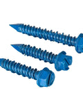 Close-up of three blue coated screws from 53 Piece Concrete Screws With Drill Bit Kit One Quarter By One And Three Quarters Inch Hex Head Pro Grade Masonry Screws For Concrete Anchors Diamond Point Blue Coated One Pound Bundle For DIY Home Improvement Projects