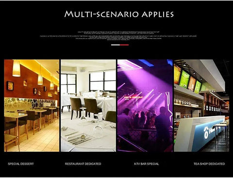 Multi-scenario setup showcasing countertop ice maker machine in dessert shop, restaurant, KTV bar, and tea shop settings.