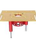 Pro Level Router Table Lift Kit for Woodworking Pros, gold aluminum base plate with red insert, designed for precise cuts.