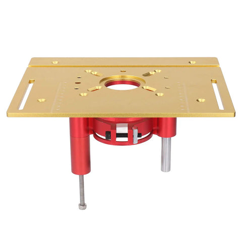 Pro Level Router Table Lift Kit for Woodworking Pros, gold aluminum base plate with red insert, designed for precise cuts.