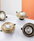 10 Pack Slick Golden Brass Led Recessed Ceiling Downlights With Black Trim Dimmable Eye Ball Retrofit Spotlights on a white surface.