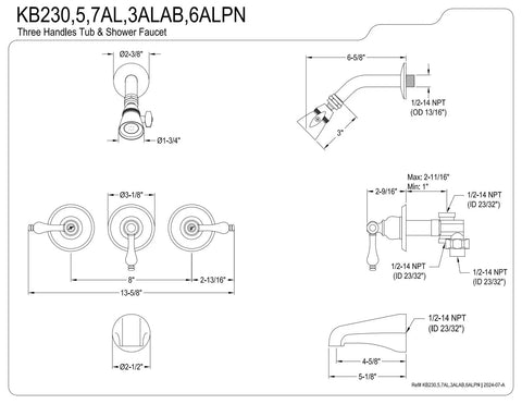 Technical diagram of Oil Rubbed Bronze Tub And Shower Faucet With 3 Lever Handle, Wall Mount, Solid Brass Build To Last, 5 Inch Spout