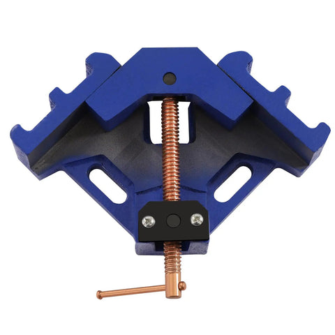 Beefy 4 Inch Cast Iron Right Angle Clamp Set - 2 Piece Corner Miter Clamps for Woodworking, 90 Degree Joints, Heavy Duty Welders Angle Clamp Kit for Precise, Stable Clamping, blue cast iron clamp front view