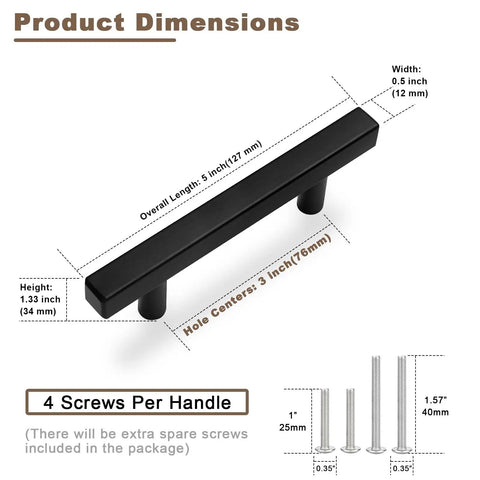 Product dimensions of Real Deal Matte Black Cabinet Handles With Slick Square Edges 3 Inch Hole Centers And Heavy Duty Stainless Steel Build.