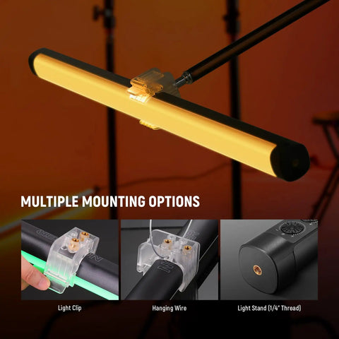 Handheld TL60 RGB Tube Light 20W Full Color LED Video Wand With App shown in multiple mounting options; clip, wire, stand.