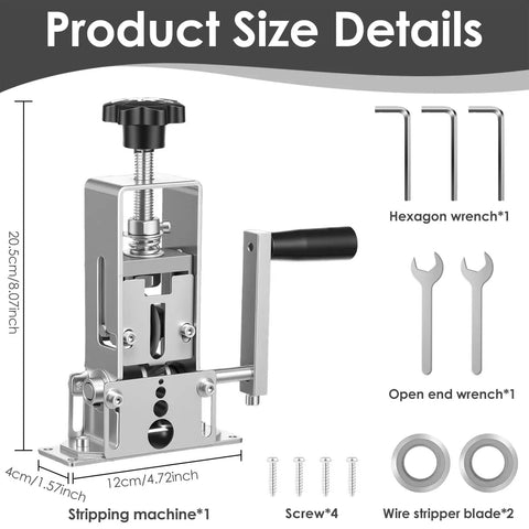 Heavy Duty Drill Powered Wire Stripper Machine For Copper Scrap Recycling And Electrical Work With Hand Crank Backup, 20.5cm tall, gray metal construction.