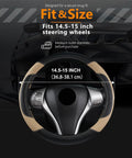 Fit and size guide for Top Shelf Leather Steering Wheel Cover Universal For Almost Every Ride. Fits 14.5-15 inch wheels.