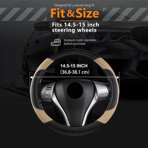 Fit and size guide for Top Shelf Leather Steering Wheel Cover Universal For Almost Every Ride. Fits 14.5-15 inch wheels.