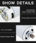Detail view of RS550 21V Beefed Up High Speed DC Micro Motor for Mini Saws and Reciprocating Saws with gear and wiring interface