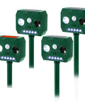 4-Pack Ultrasonic Animal Repellent With PIR Motion Sensor And Led Flash, Waterproof Outdoor Deterrents For Garden And Yard That Keeps Pesky Critters Out Like Cats, Dogs, Squirrels, Raccoons, Birds, And Deer, four green units on stakes