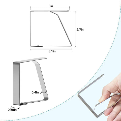 12 Pack Tablecloth Clips for Folding Tables and Outdoor Use, Durable Stainless Steel Clips in hand showing size and details