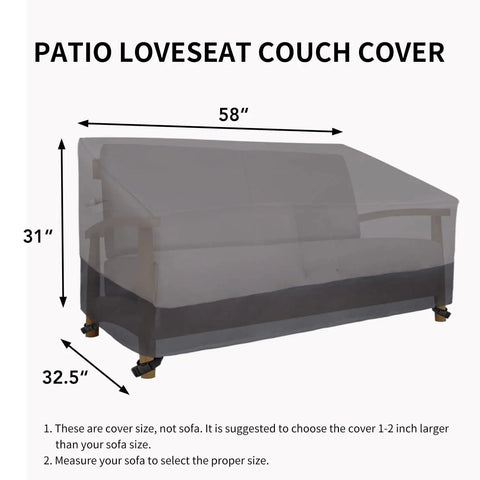 Heavy Duty 2 Seater Outdoor Loveseat Cover Waterproof Windproof With Air Vent 58 Inch Wide 32.5 Inch Deep 31 Inch High cover diagram