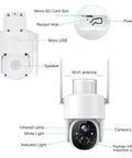 Wireless Outdoor Security Camera With Pan Tilt And Battery Power 2.4G WiFi PIR Motion Detection And Two Way Talk Color Night Vision 9000mAh Battery For Easy No Wires Setup Solar Panel Ready showing micro-USB, speaker, and camera lens details.