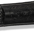 Top Shelf Full Grain Leather Back Cinch Strap For Western Horse Saddle Featuring Tough As Nails Double Stitched Seams Corrosion Resistant Stainless Steel Hardware Hand Carved Floral Tooling Rock Solid Grip Black 36 Inch showing detailed floral tooling and woven texture.