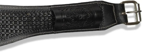 Top Shelf Full Grain Leather Back Cinch Strap For Western Horse Saddle Featuring Tough As Nails Double Stitched Seams Corrosion Resistant Stainless Steel Hardware Hand Carved Floral Tooling Rock Solid Grip Black 36 Inch showing detailed floral tooling and woven texture.