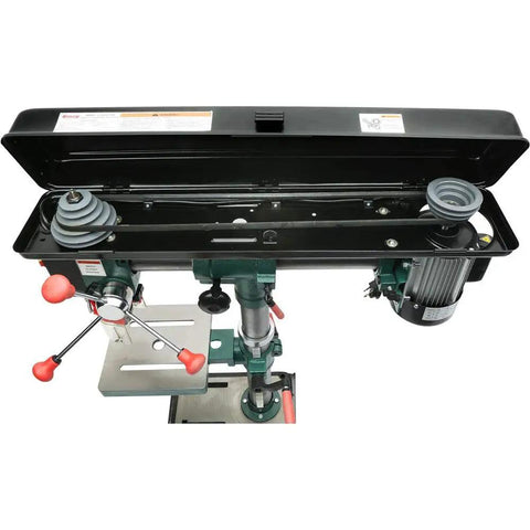 Top view of Heavy Duty 34-Inch Benchtop Radial Drill Press With 5 Speed Variable Swing, showing motor and controls.