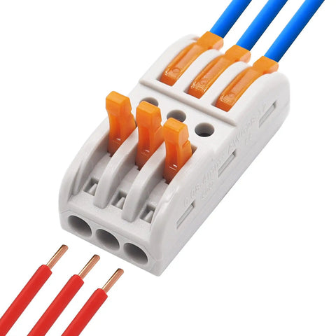 Lever Wire Connectors 15 Piece Set for Easy Wiring 3 In 3 Out Splicing 28 12 AWG Compact Nylon PA66 PC Shell Flame Retardant and Durable KV313O Kit Includes Quick Connect showing open and closed levers with red and blue wires inserted